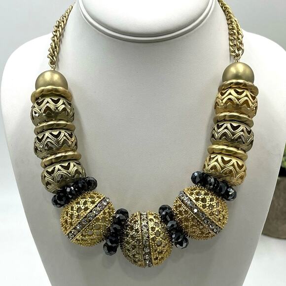 VCLM Jewelry - VCLM Vintage Chunky Large Gold Tone Crystal Encrusted Beads Black Beads Necklace